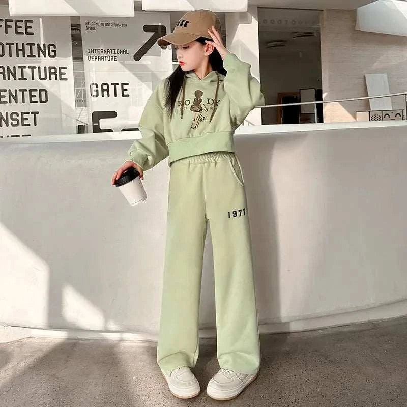 Spring Autumn Girls Clothing Set Cartoon Embroidered Pattern Hoodies Sweatshirt+ Pants 2Pcs Outfit Suit For 8-13 Years Kids C1075