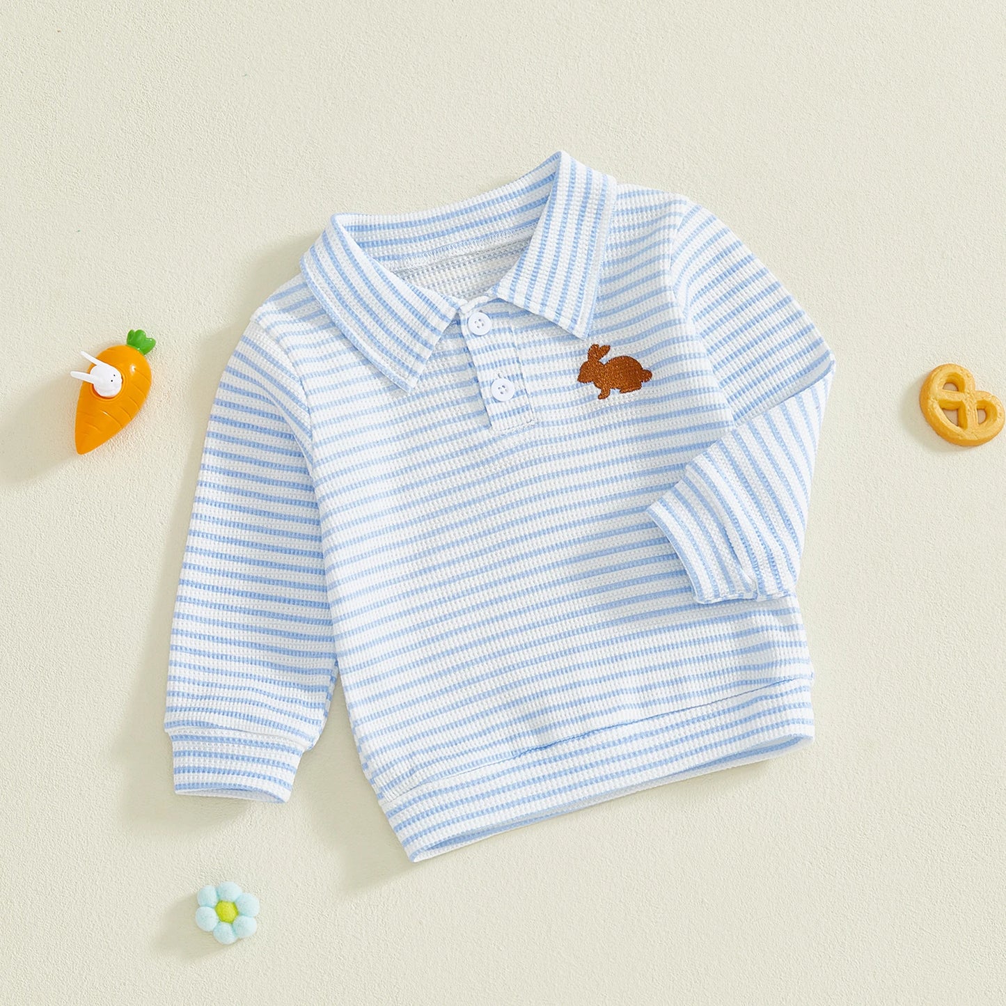 Kids Boys Easter Long Sleeve T-shirt, Turn-down Collar Embroidery Rabbit Striped Spring Fall Pullover Tops