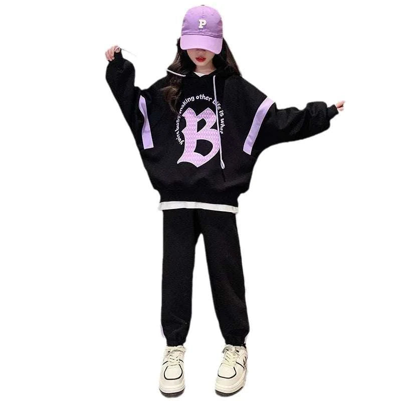 Girls Suit Long-sleeved Sweater with Hood + Trousers Two-piece Suit Fashionable Loose Harem Pants Suit Outer Wear Casual Simple C1067