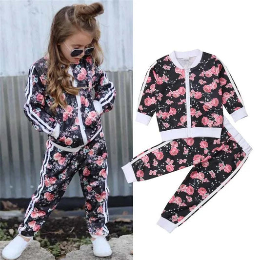 Floral print black and pink long sleeve sweatshirt and pants set for 3-7 years girls toddler autumn tracksuit kids baby girl clothes