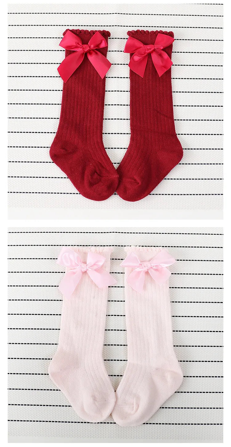 Children's Socks for Girls Big Bow Knee Long Socks For Kids Spring Autumn Princess Baby Solid Soft Elegant Cotton Sock 0-7Years