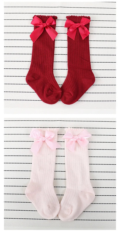 Children's Socks for Girls Big Bow Knee Long Socks For Kids Spring Autumn Princess Baby Solid Soft Elegant Cotton Sock 0-7Years