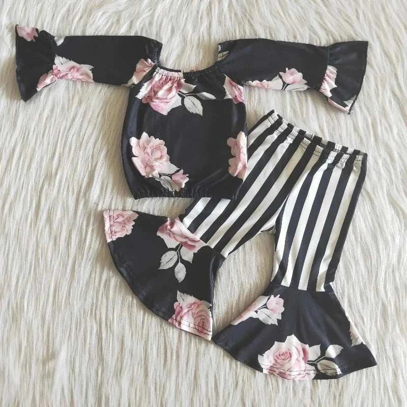 Wholesale boutique Toddler Baby Girl Clothing Pink Long Sleeves Pocket Bell Pants Flower Outfits Kids Children Fall Winter Set C1041