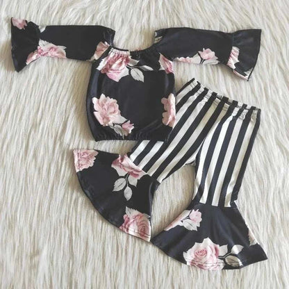Wholesale boutique Toddler Baby Girl Clothing Pink Long Sleeves Pocket Bell Pants Flower Outfits Kids Children Fall Winter Set C1041