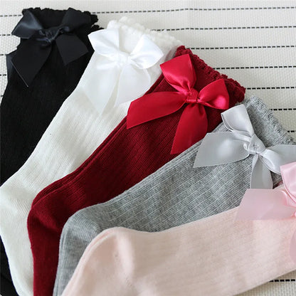 Children's Socks for Girls Big Bow Knee Long Socks For Kids Spring Autumn Princess Baby Solid Soft Elegant Cotton Sock 0-7Years