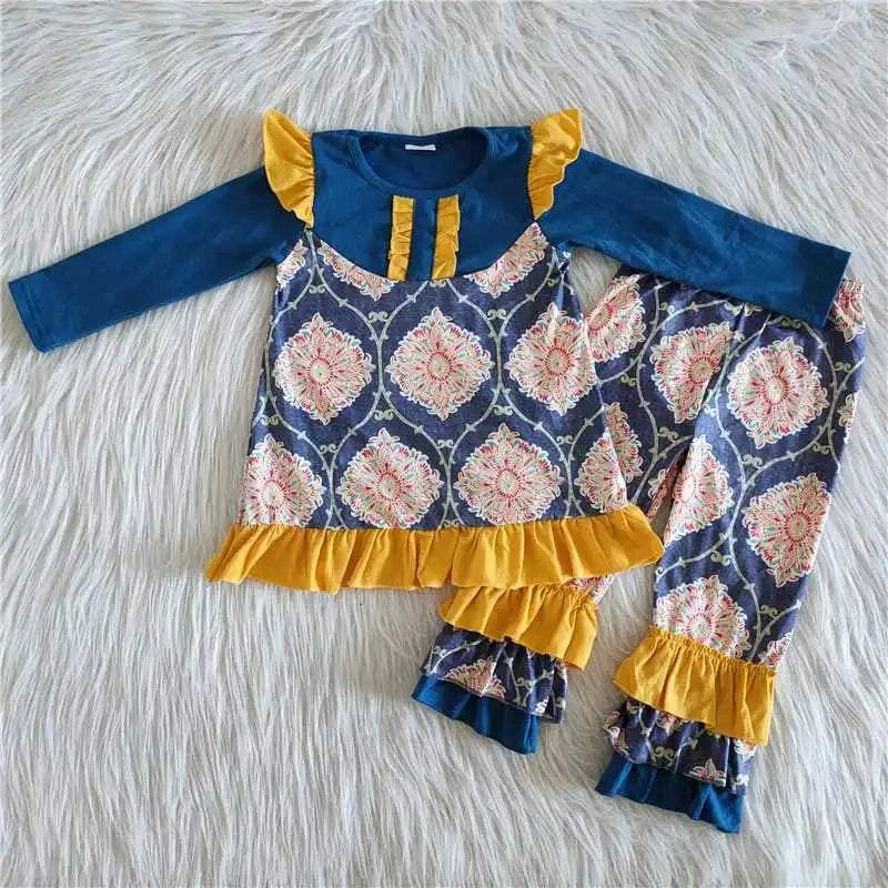 Wholesale boutique Toddler Baby Girl Clothing Pink Long Sleeves Pocket Bell Pants Flower Outfits Kids Children Fall Winter Set C1041