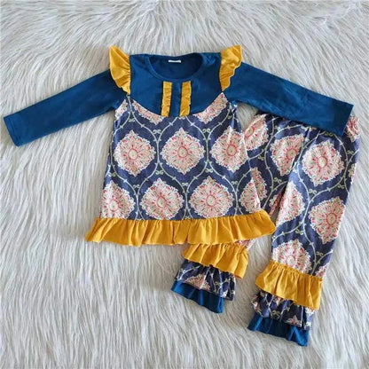 Wholesale boutique Toddler Baby Girl Clothing Pink Long Sleeves Pocket Bell Pants Flower Outfits Kids Children Fall Winter Set C1041