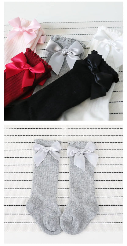 Children's Socks for Girls Big Bow Knee Long Socks For Kids Spring Autumn Princess Baby Solid Soft Elegant Cotton Sock 0-7Years