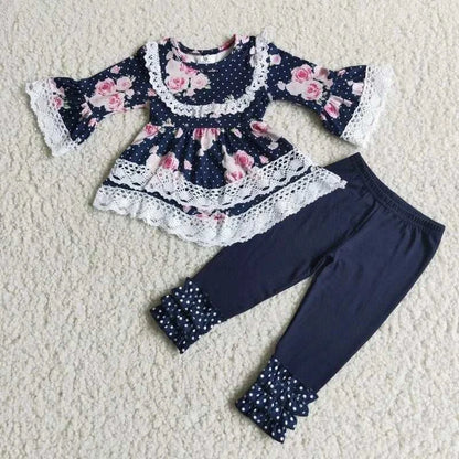 Wholesale boutique Toddler Baby Girl Clothing Pink Long Sleeves Pocket Bell Pants Flower Outfits Kids Children Fall Winter Set C1041