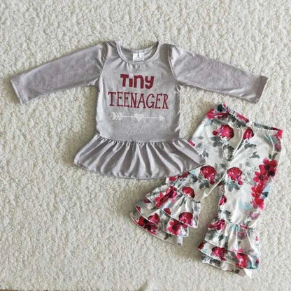 Wholesale boutique Toddler Baby Girl Clothing Pink Long Sleeves Pocket Bell Pants Flower Outfits Kids Children Fall Winter Set C1041