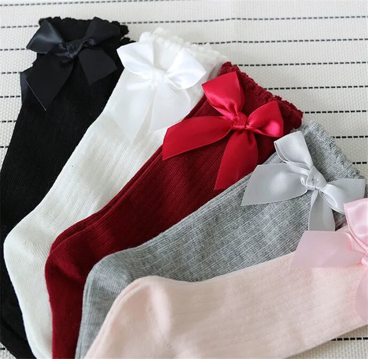 Children's Socks for Girls Big Bow Knee Long Socks For Kids Spring Autumn Princess Baby Solid Soft Elegant Cotton Sock 0-7Years