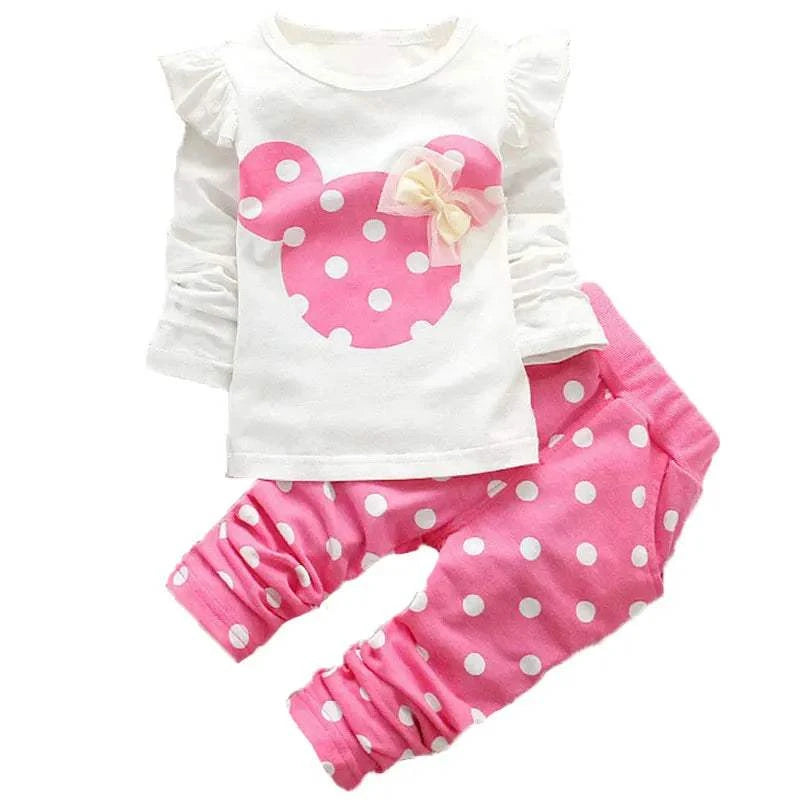 Baby girls cotton clothing set with pink polka dot bow t-shirt and matching pants tracksuit for spring