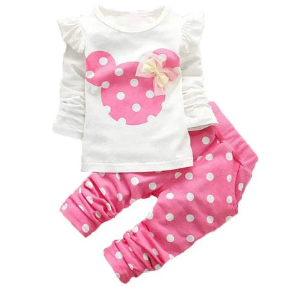 Baby girls cotton clothing set with pink polka dot bow t-shirt and matching pants tracksuit for spring