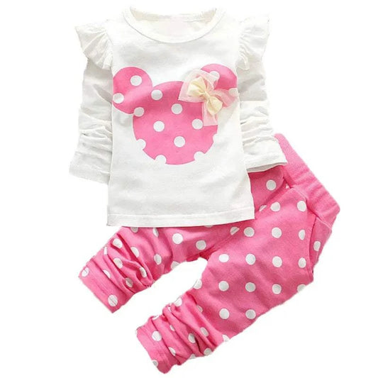 Baby girls cotton clothing set with pink polka dot bow t-shirt and matching pants tracksuit for spring