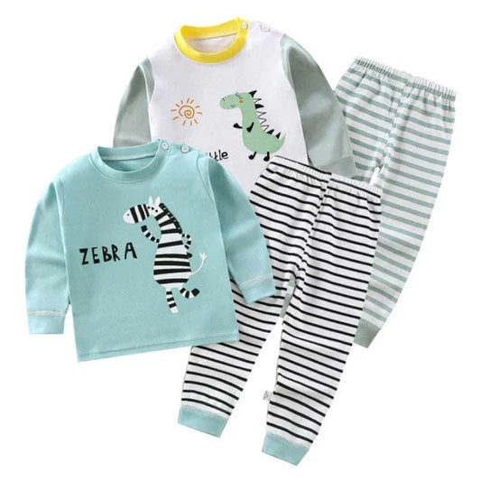 Cartoon print cotton pajama suit with tops and striped pants for kids 1-6 years, unisex spring and autumn sleepwear.