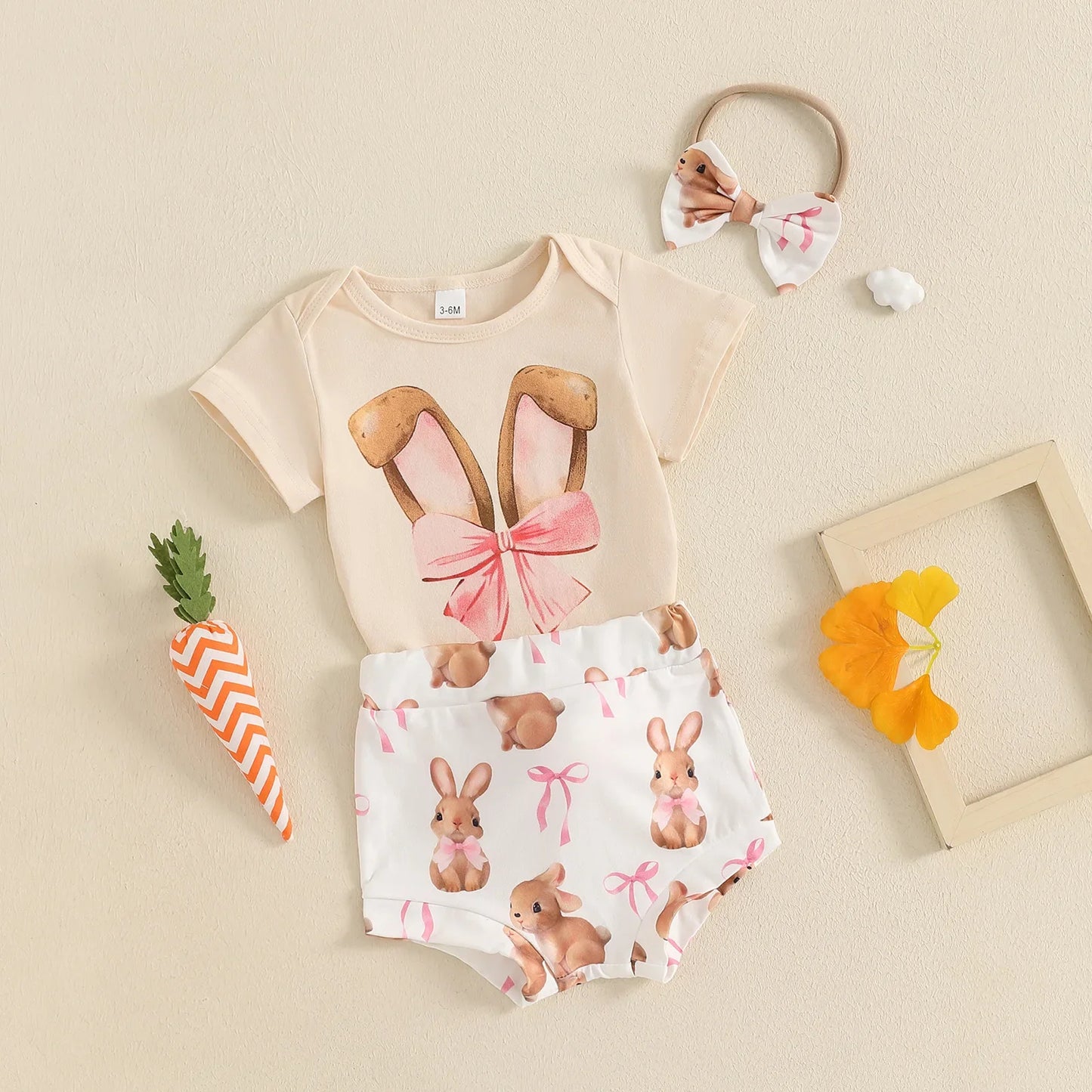 New Easter Set for Infants and Young Children, Featuring Letter Printed Short Sleeves Hoodies Shorts Fur Balls 3 Piece Headband