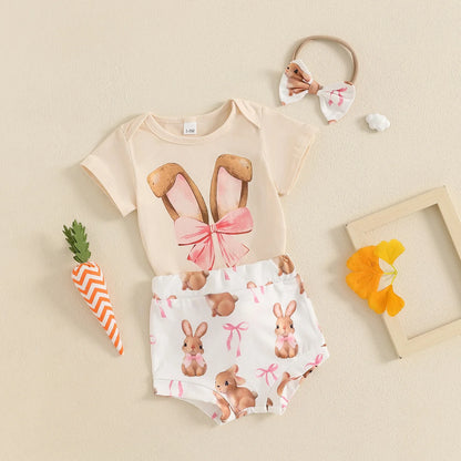 New Easter Set for Infants and Young Children, Featuring Letter Printed Short Sleeves Hoodies Shorts Fur Balls 3 Piece Headband
