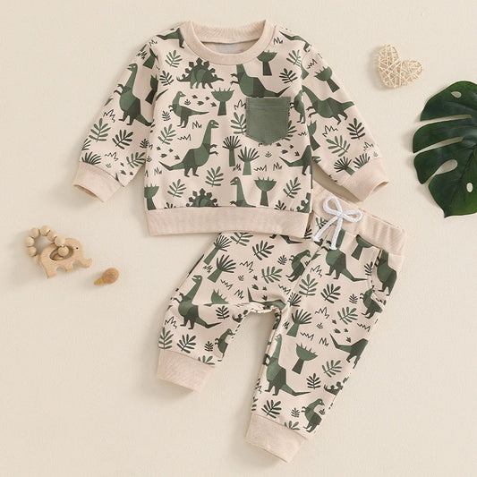 Kids Baby Boys Fall Winter 2Pcs Outfits Dinosaur Print Long Sleeve Sweatshirt Casual Elastic Drawstring Pant Toddler Clothes Set C1005