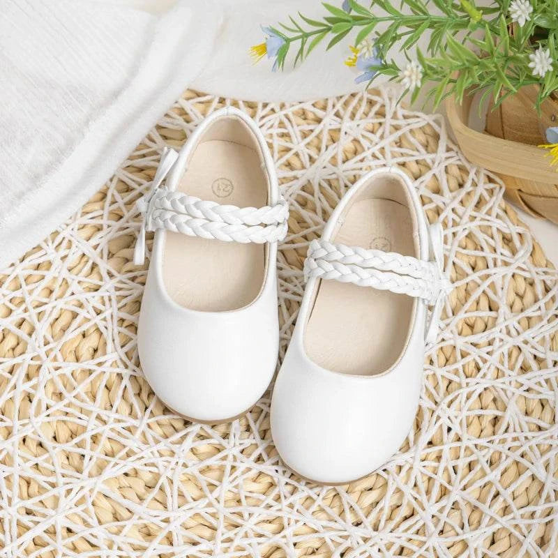 KIDSUN Fashion White Kids Girls Dress Shoes PU Leather Princess Wedding Party School Shoes Low Heel Flats for Little Big Kids C1084