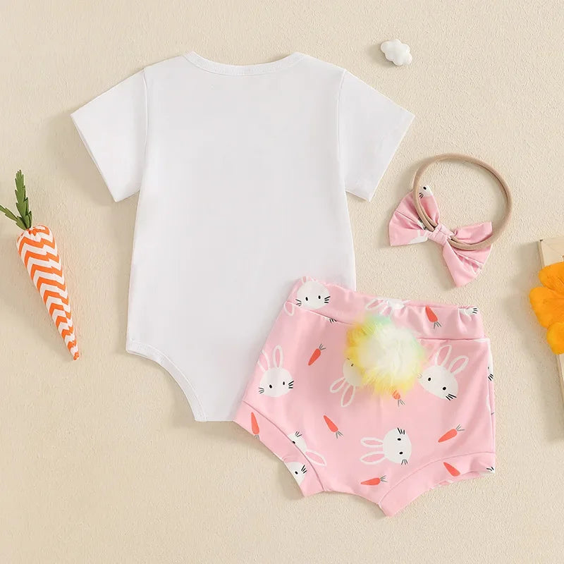 New Easter Set for Infants and Young Children, Featuring Letter Printed Short Sleeves Hoodies Shorts Fur Balls 3 Piece Headband
