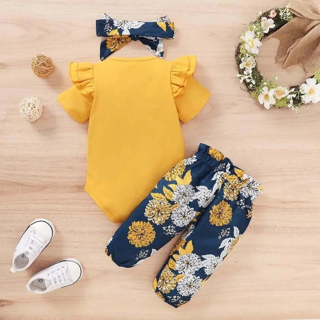 Newborn Baby Girls Clothing Set Short Sleeve Bodysuit +Floral Pants with Bow + Headband 3PCS Outfits Toddler Baby Girl Clothing C1064