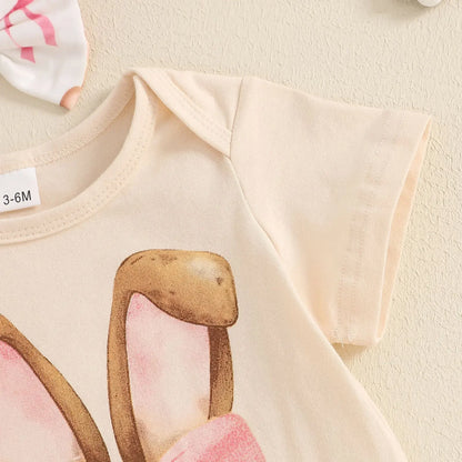 New Easter Set for Infants and Young Children, Featuring Letter Printed Short Sleeves Hoodies Shorts Fur Balls 3 Piece Headband