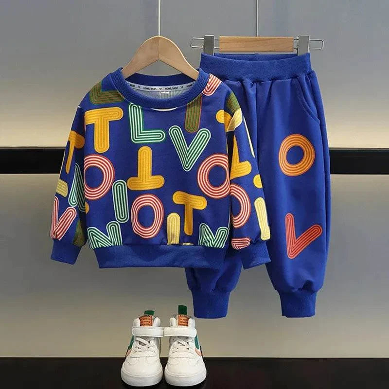 Blue cotton children's clothes boy pullover sweatshirt and pants set with colorful letter print for autumn.