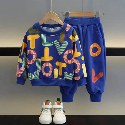 Blue cotton children's clothes boy pullover sweatshirt and pants set with colorful letter print for autumn.