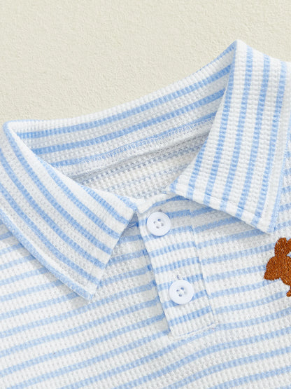 Kids Boys Easter Long Sleeve T-shirt, Turn-down Collar Embroidery Rabbit Striped Spring Fall Pullover Tops
