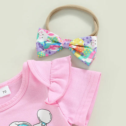 European and American Easter Children's Clothing, Girls Letter Printed Short Sleeved Bunny Bell Bottom Pants+bow Tie 3 Piece Set