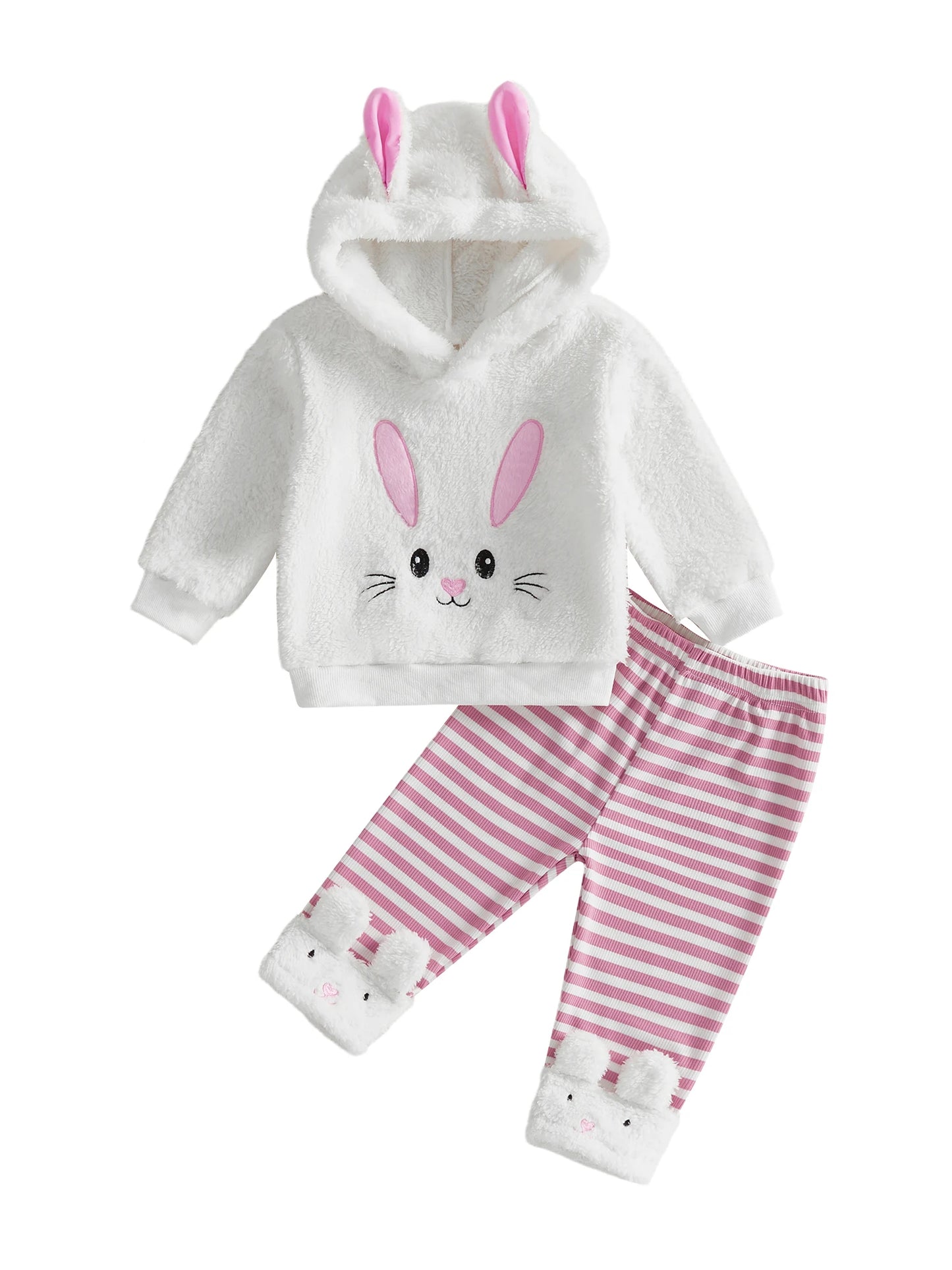 Spring Easter Kids Toddler Girl Outfit Long Sleeve Hooded Rabbit Embroidery Sweatshirt Striped Pants Clothes Set