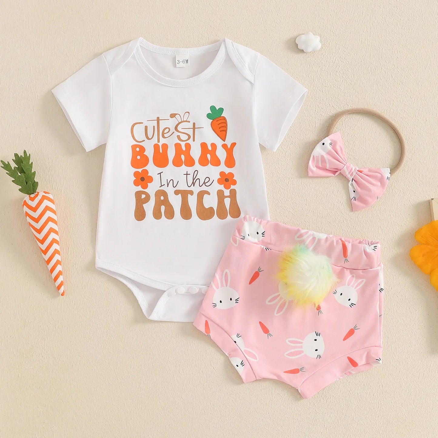 New Easter Set for Infants and Young Children, Featuring Letter Printed Short Sleeves Hoodies Shorts Fur Balls 3 Piece Headband