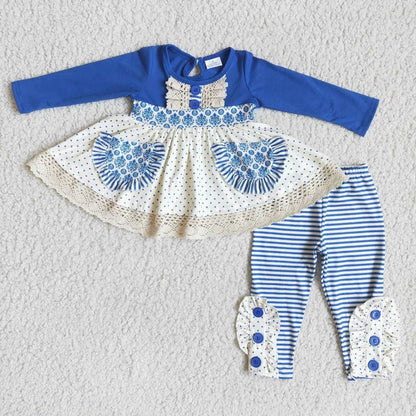 Wholesale boutique Toddler Baby Girl Clothing Pink Long Sleeves Pocket Bell Pants Flower Outfits Kids Children Fall Winter Set C1041