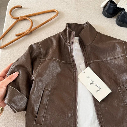 Children's Coat 2025 New Autumn Product Children's Embroidered Leather Coat Baby Letter Zipper Sweater Trendy
