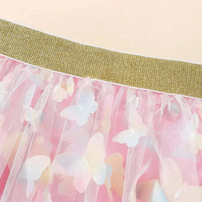 Pink baby girls tutu fluffy skirt with butterfly tulle and gold elastic waistband