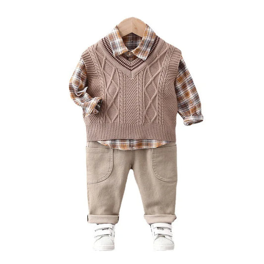 New Spring Autumn Baby Boys Clothes Suit Children Casual Plaid Shirt Vest Pants 3Pcs/Sets Toddler Cotton Costume Kids Tracksuits C1006