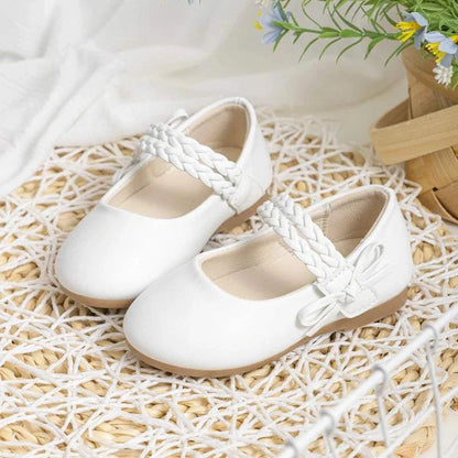 White PU leather kids girls dress shoes with braided strap and low heel flats for party and school use