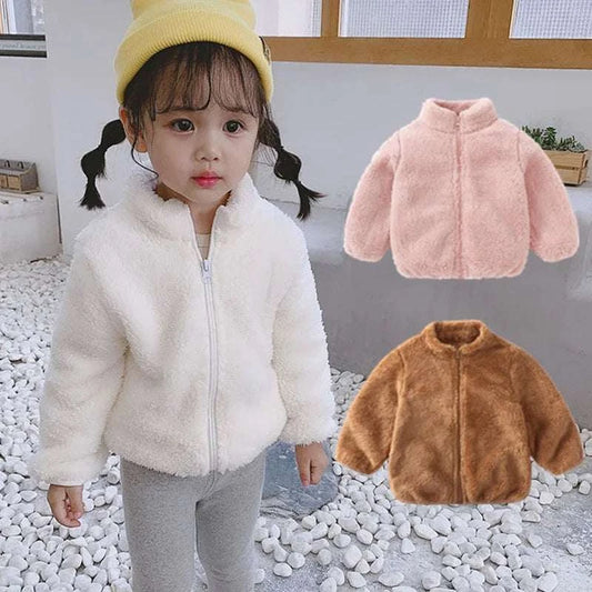 Autumn winter kids girls boys soft warm fleece jacket with zipper closure in white, pink, and brown colors