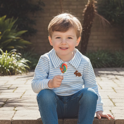 Kids Boys Easter Long Sleeve T-shirt, Turn-down Collar Embroidery Rabbit Striped Spring Fall Pullover Tops