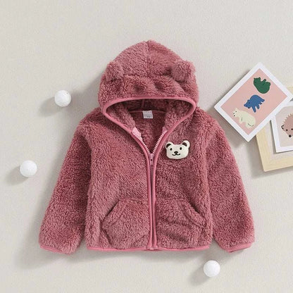 Baby Boy Girl Fuzzy Jacket Winter Clothes Long Sleeve 3D Bear Zipper Cardigan Sweatshirt Closure Fleece Tops Coat Kids Outerwear C1103