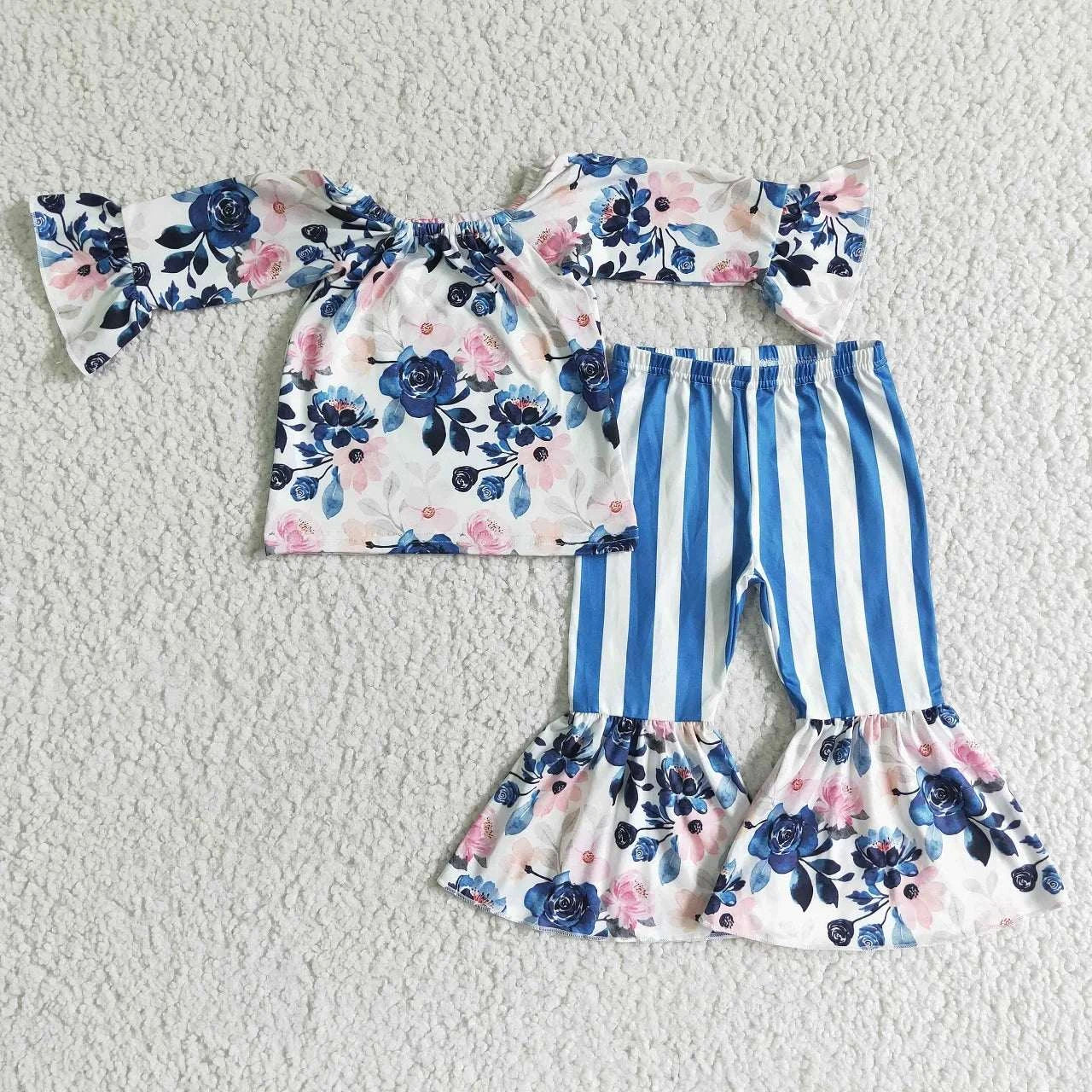Wholesale boutique Toddler Baby Girl Clothing Pink Long Sleeves Pocket Bell Pants Flower Outfits Kids Children Fall Winter Set C1041