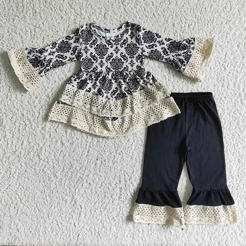 Wholesale boutique Toddler Baby Girl Clothing Pink Long Sleeves Pocket Bell Pants Flower Outfits Kids Children Fall Winter Set C1041