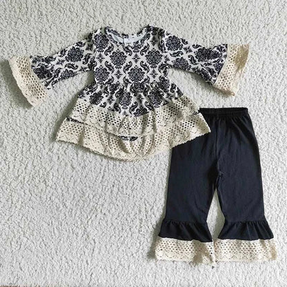 Wholesale boutique Toddler Baby Girl Clothing Pink Long Sleeves Pocket Bell Pants Flower Outfits Kids Children Fall Winter Set C1041
