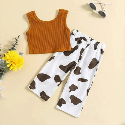 Kids girls summer outfit with ribbed sleeveless tank top and elastic cow print pants set