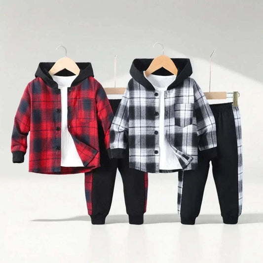 2pcs boys casual long sleeve plaid hooded jacket and sweatpants sets for kids in red and black colors
