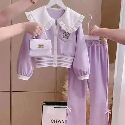 Two-Piece Sets Teen Children Kids Spring Doll Collar Tracksuits for 3-14Y Loungewear School Clothes for Girls Coats Pants C1060
