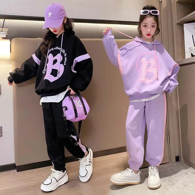 Girls Suit Long-sleeved Sweater with Hood + Trousers Two-piece Suit Fashionable Loose Harem Pants Suit Outer Wear Casual Simple C1067