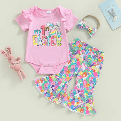 European and American Easter Children's Clothing, Girls Letter Printed Short Sleeved Bunny Bell Bottom Pants+bow Tie 3 Piece Set