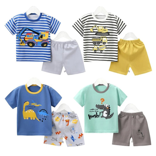 1-6 Y Kids Cartoon Excavator Striped T-Shirt+Shorts 2-Piece Set Cotton Pajama Baby Boys Girls Summer Casual Tracksuit Clothes Su