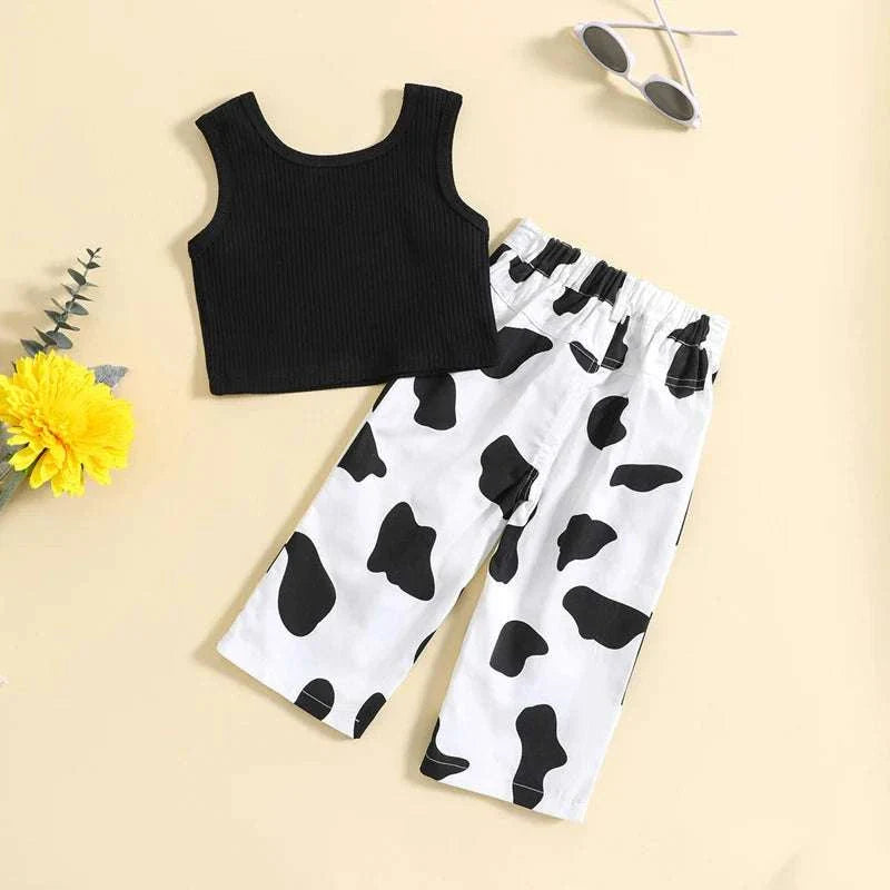 Black ribbed sleeveless tank top with white elastic cow print pants kids girls outfit set